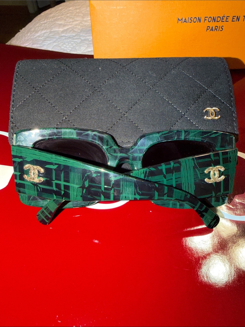 CHANEL Green Patterned Rectangular Sunglasses with Dark Lenses - Picture 3 of 3